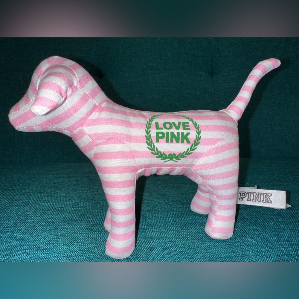 VICTORIA'S SECRET PINK White & Pink Striped Green Logo Stuffed MINI DOG Mint!